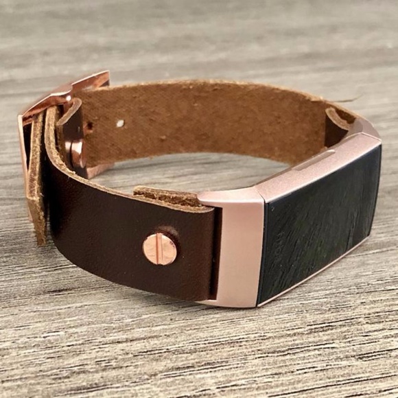 Dark Brown Rose Gold Fitbit Charge 4 Leather Band - Picture 1 of 8